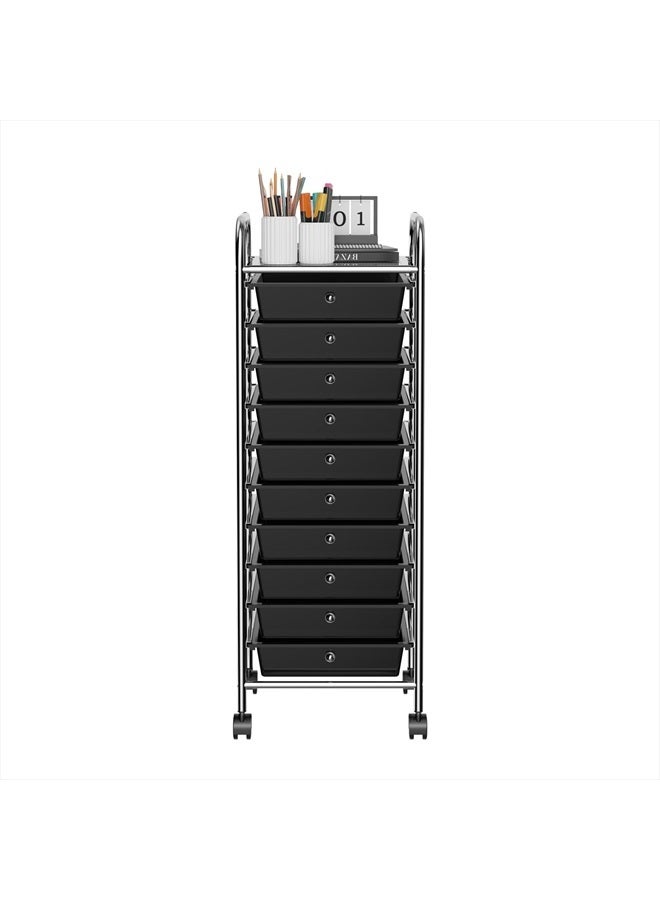 OFFICEJOY Storage Cart, Rolling Utility Cart with 10 Drawers, Portable Handles & Lockable Wheels, Mobile Paper Toys Storage Organizer Large Capacity for Home Office School Teacher (Black) - Image 1