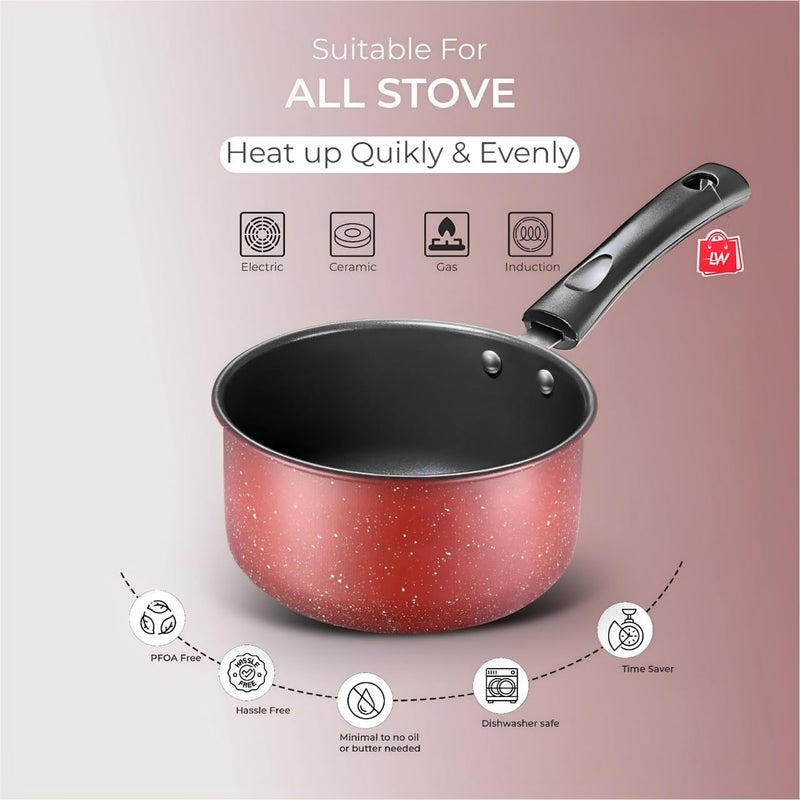 LAZYwindow Nonstick Sauce Pan, Dia - 16 cm, 1.5L (Base Colour Maroon) - Image 5