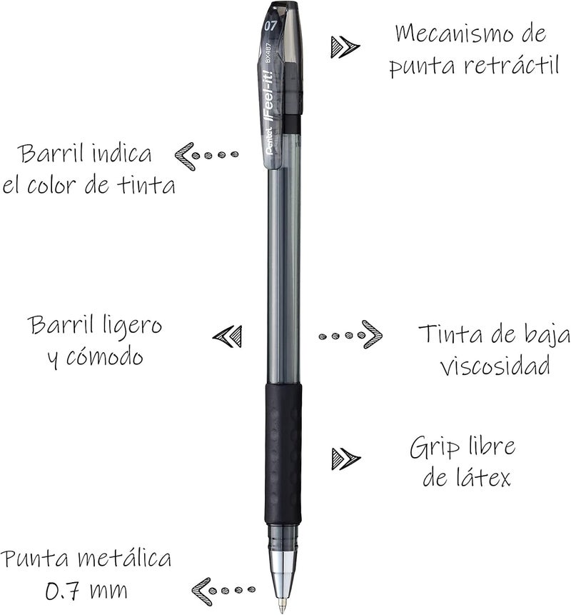 بنتل قلم حبر جاف Pentel Feel It 0.7 مم أسود - عبوة من 12 قلمًا - Image 2