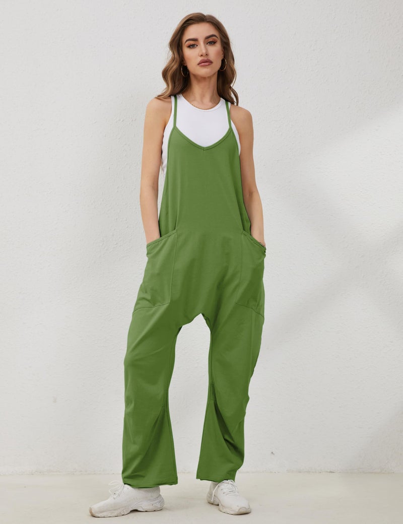 Lentta Women's Causal Jumpsuits V Neck Sleeveless Harem Overalls Stretchy Adjustable Strap Romper with Pockets(ArmyGreen-L) - Image 3