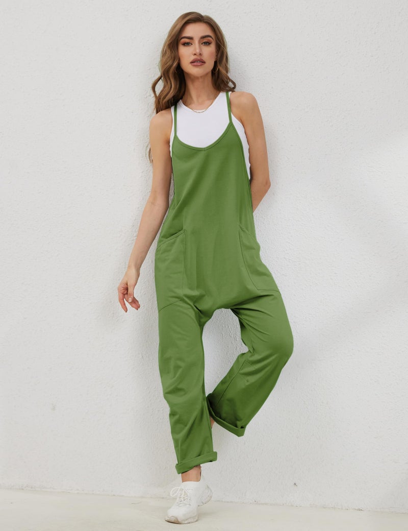 Lentta Women's Causal Jumpsuits V Neck Sleeveless Harem Overalls Stretchy Adjustable Strap Romper with Pockets(ArmyGreen-L) - Image 2