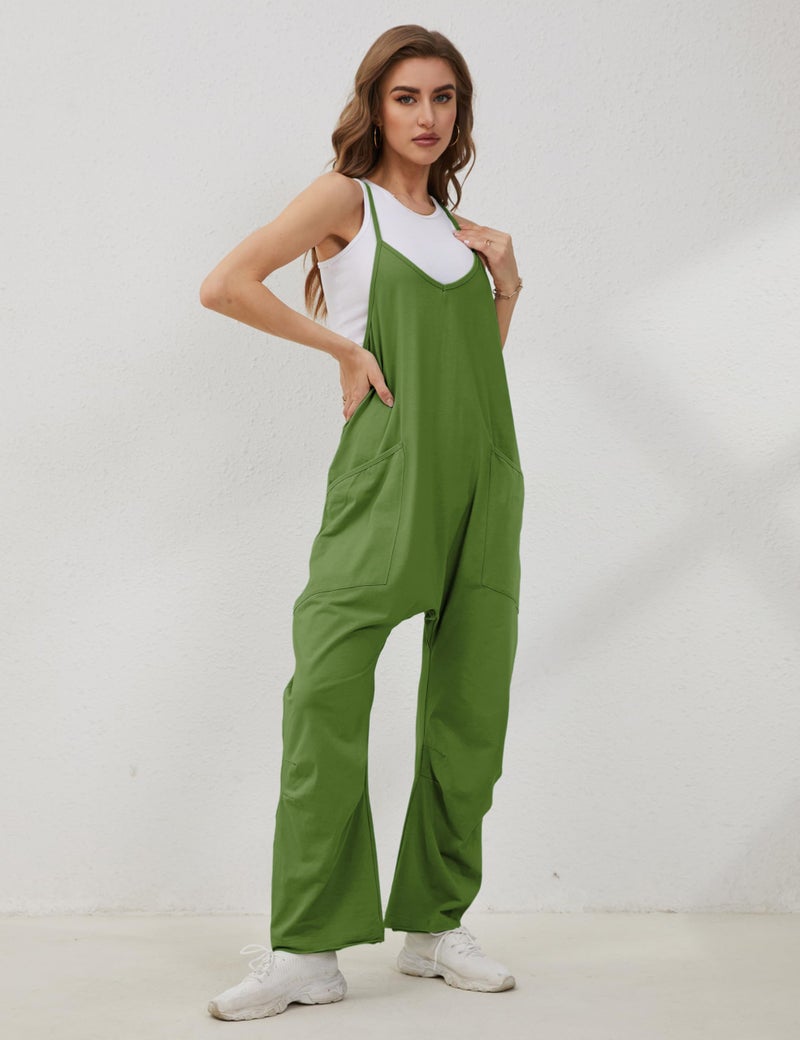 Lentta Women's Causal Jumpsuits V Neck Sleeveless Harem Overalls Stretchy Adjustable Strap Romper with Pockets(ArmyGreen-L) - Image 5