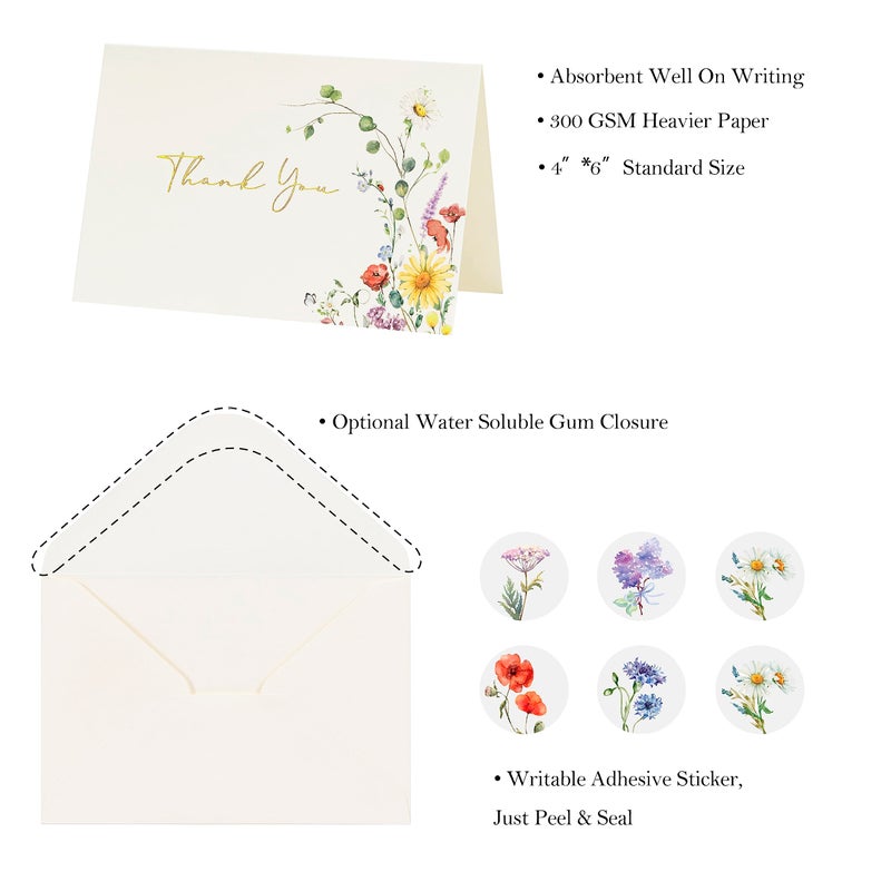 Crisky Thank You Cards 4 Assortment, Gold Foil Watercolor WildFlowers (50 Cards with Envelopes for Birthday, Baby Shower, Bridal Shower, Wedding, All Occasion) - Image 2