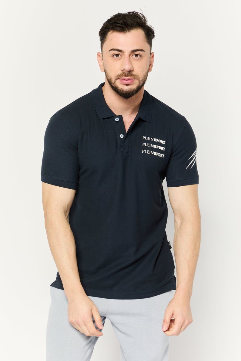 PHILIPP PLEIN Plein Sport Men Sportswear Fit Short Sleeves Outdoor Polo Shirt, Navy - Image 1