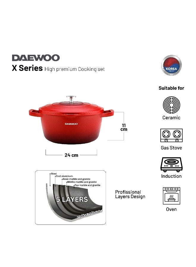 DAEWOO وعاء كسرولة من الألمنيوم المصبوب دايو 24 سم مع غطاء، طلاء حجر جرانيت غير لاصق، قاعدة كاملة للتحريض، آمن للاستخدام في الفرن، أحمر، خالي من المواد الكيميائية - Image 2