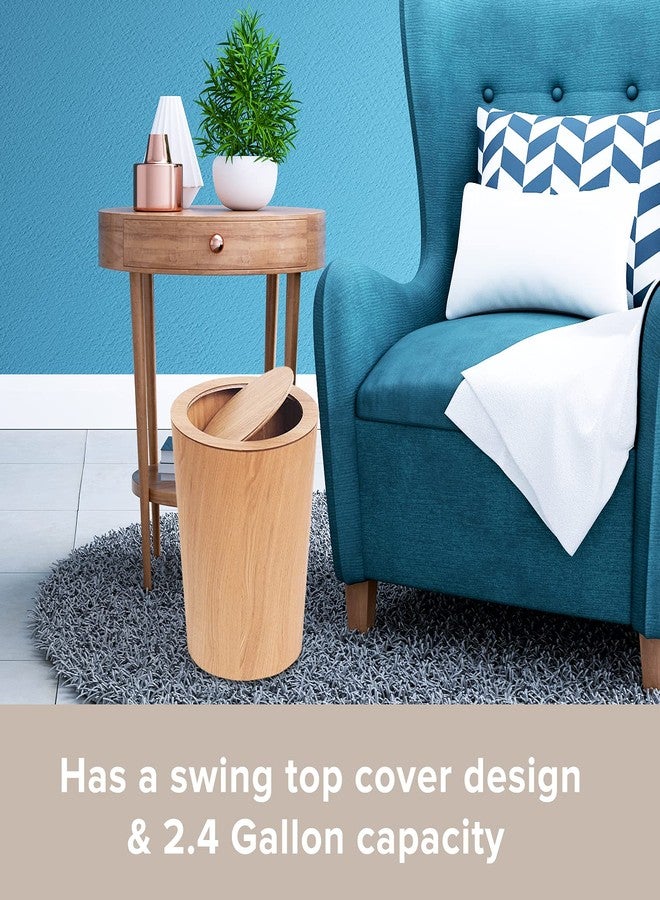 Primo Supply Modern Round Trash Can with Lid,Real Wood Waste Basket in Light Brown,9.25"x7.5"x11.8",8L/2.1Gal Swing Top Small Trash Can, Living Room, Office & Bathroom Den Loft Garden Patio - Image 4