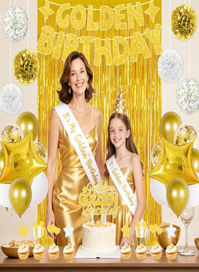 FINDRICH Golden Birthday Party Decorations, 40PCS Gold Decorations Include It's My Golden Birthday Sash Banner Balloons Foil Fringe Curtain Paper Pompoms, Gold Party Supplies for Women Girls Men - Image 5