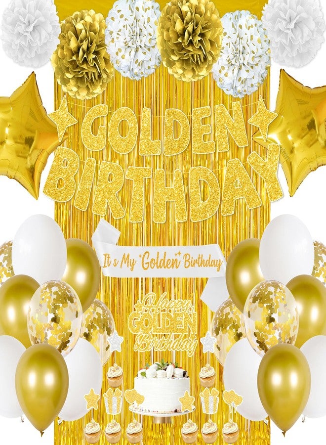 FINDRICH Golden Birthday Party Decorations, 40PCS Gold Decorations Include It's My Golden Birthday Sash Banner Balloons Foil Fringe Curtain Paper Pompoms, Gold Party Supplies for Women Girls Men - Image 1