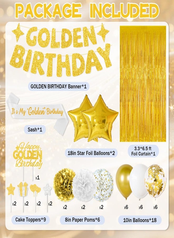 FINDRICH Golden Birthday Party Decorations, 40PCS Gold Decorations Include It's My Golden Birthday Sash Banner Balloons Foil Fringe Curtain Paper Pompoms, Gold Party Supplies for Women Girls Men - Image 3