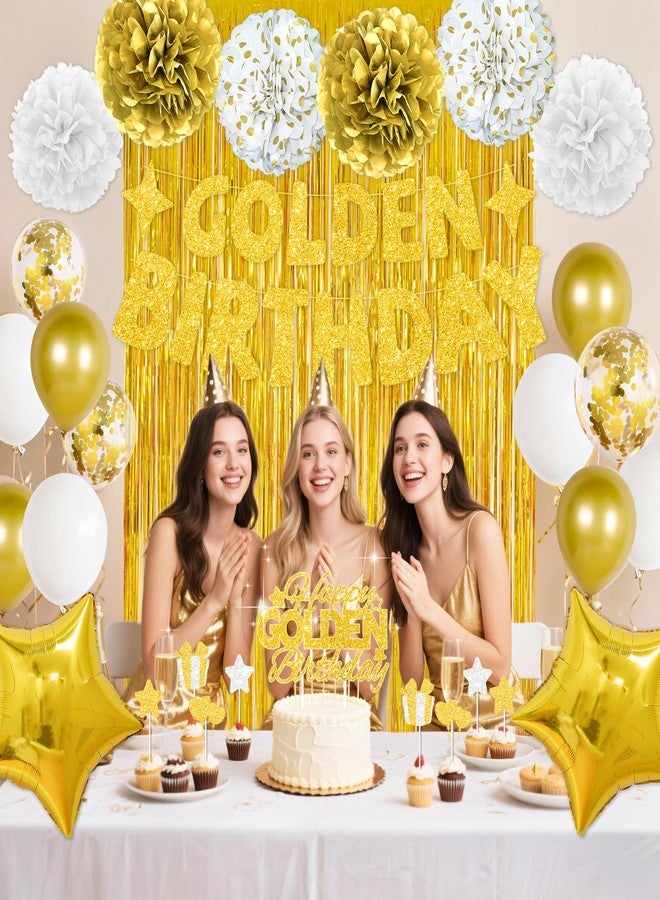 FINDRICH Golden Birthday Party Decorations, 40PCS Gold Decorations Include It's My Golden Birthday Sash Banner Balloons Foil Fringe Curtain Paper Pompoms, Gold Party Supplies for Women Girls Men - Image 2