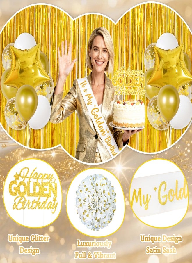 FINDRICH Golden Birthday Party Decorations, 40PCS Gold Decorations Include It's My Golden Birthday Sash Banner Balloons Foil Fringe Curtain Paper Pompoms, Gold Party Supplies for Women Girls Men - Image 4