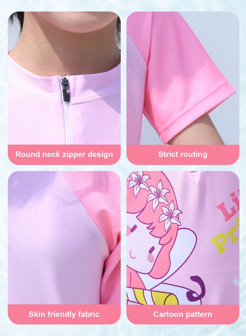 HomarKet One-Piece Swimsuit For Kids Girls cute cartoon Swimming Costumes Shorts Skirts Swimwears Short Sleeve Swimdress Summer Quick Drying Pink Elf 4-piece set  - Image 3