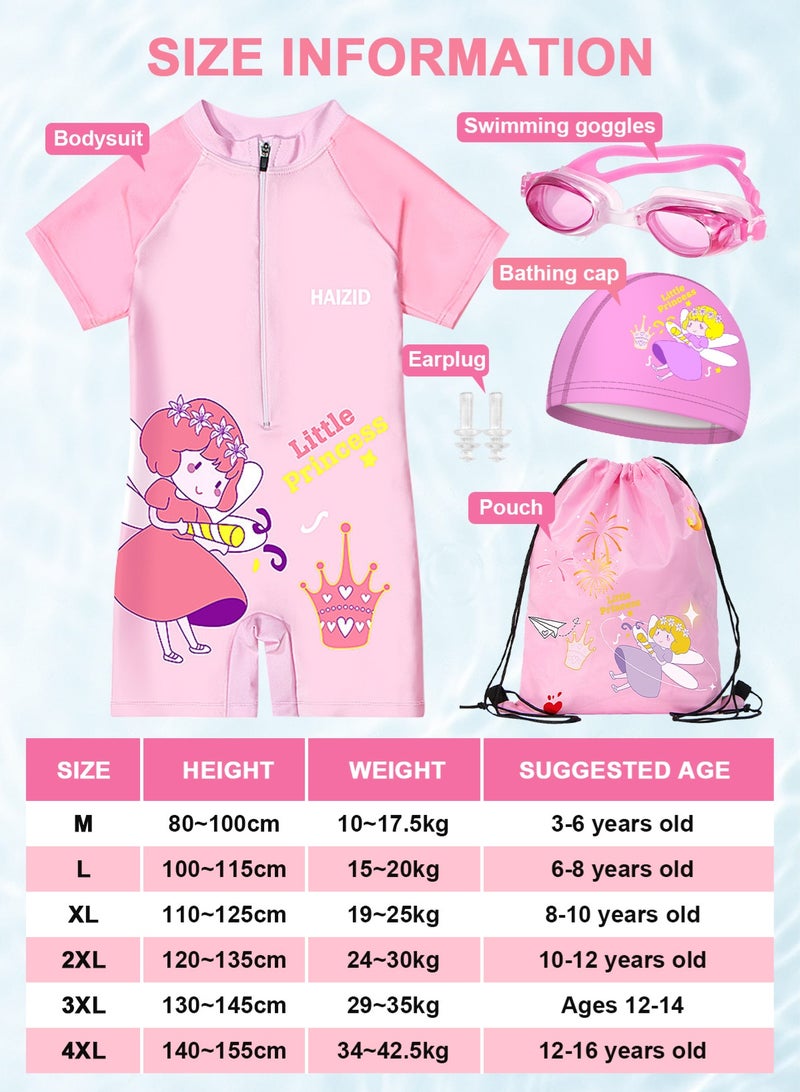 HomarKet One-Piece Swimsuit For Kids Girls cute cartoon Swimming Costumes Shorts Skirts Swimwears Short Sleeve Swimdress Summer Quick Drying Pink Elf 4-piece set  - Image 2