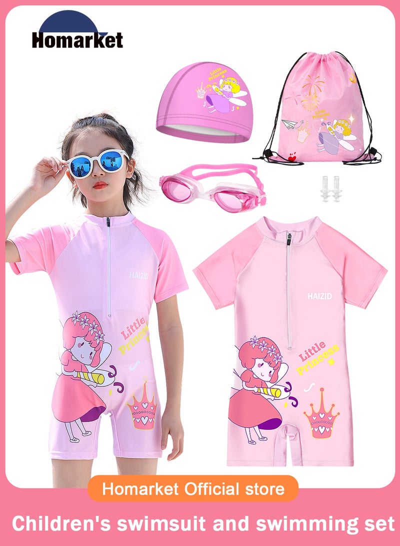 HomarKet One-Piece Swimsuit For Kids Girls cute cartoon Swimming Costumes Shorts Skirts Swimwears Short Sleeve Swimdress Summer Quick Drying Pink Elf 4-piece set  - Image 1