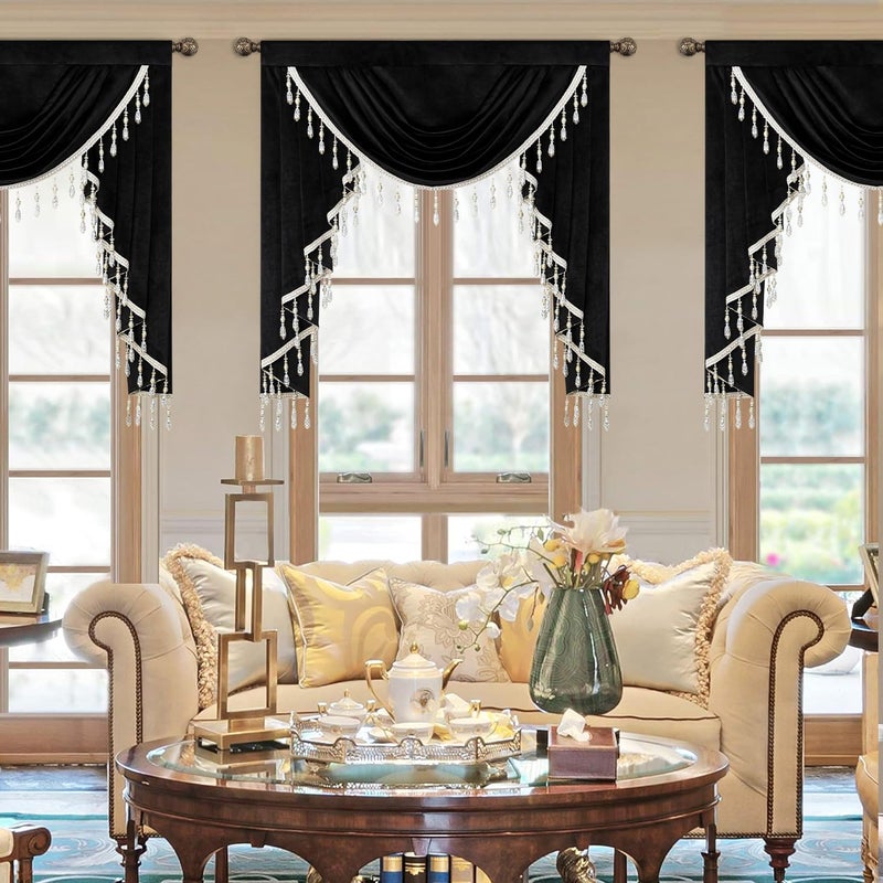 VOGOL Super Soft Velvet Valances, 1 Panel Vintage Style Light-Filtering Waterfall Valance for Living Room, 39 Inch Wide Rod Pocket Privacy Drapes with Tassels for Hotel, Black - Image 2