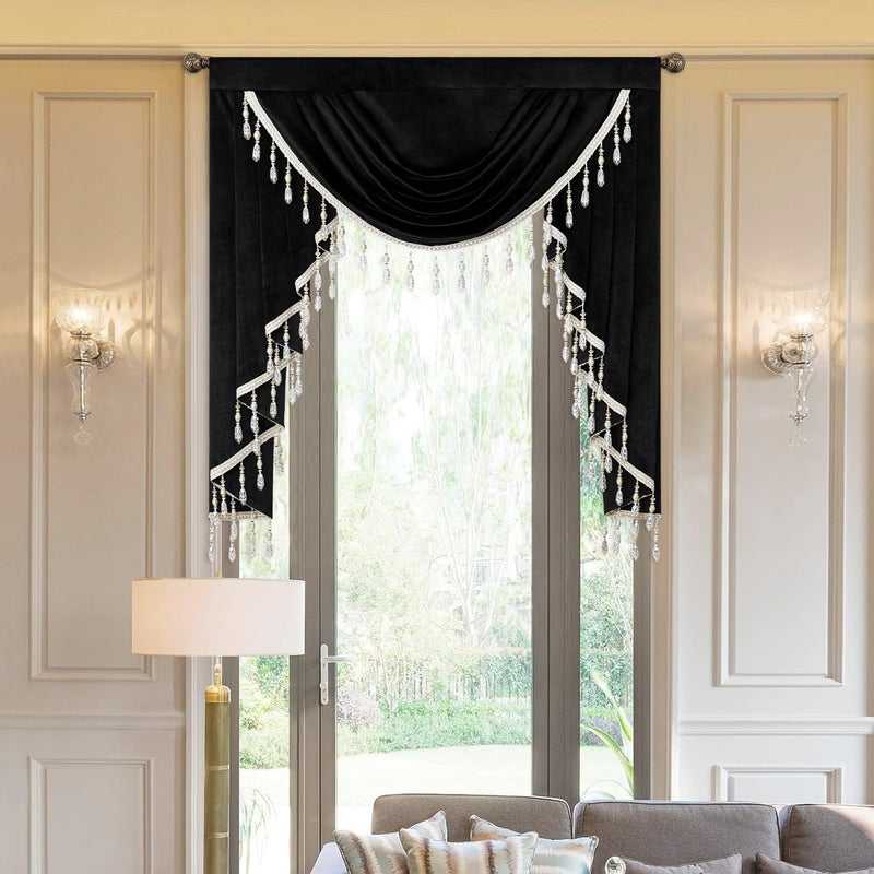 VOGOL Super Soft Velvet Valances, 1 Panel Vintage Style Light-Filtering Waterfall Valance for Living Room, 39 Inch Wide Rod Pocket Privacy Drapes with Tassels for Hotel, Black - Image 1