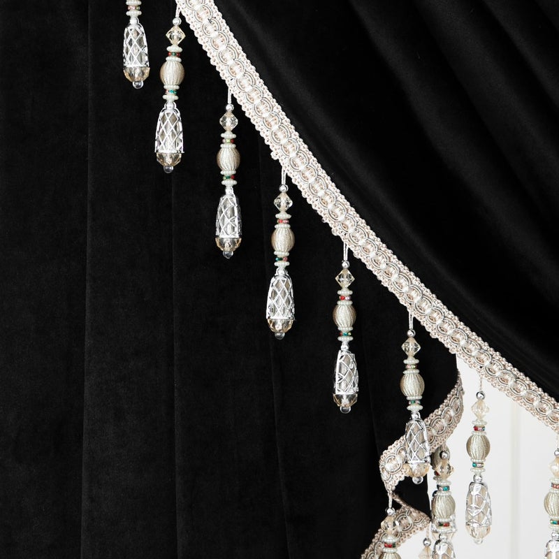VOGOL Super Soft Velvet Valances, 1 Panel Vintage Style Light-Filtering Waterfall Valance for Living Room, 39 Inch Wide Rod Pocket Privacy Drapes with Tassels for Hotel, Black - Image 5