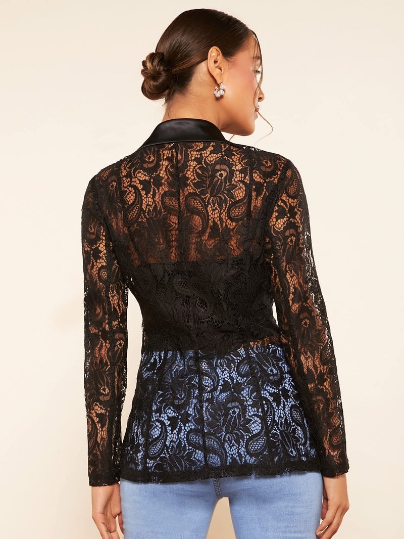 WDIRARA Women's Floral Lace Mesh One Button Lapel Neck Long Sleeve Elegant Jacket Blazer Black L - Image 2