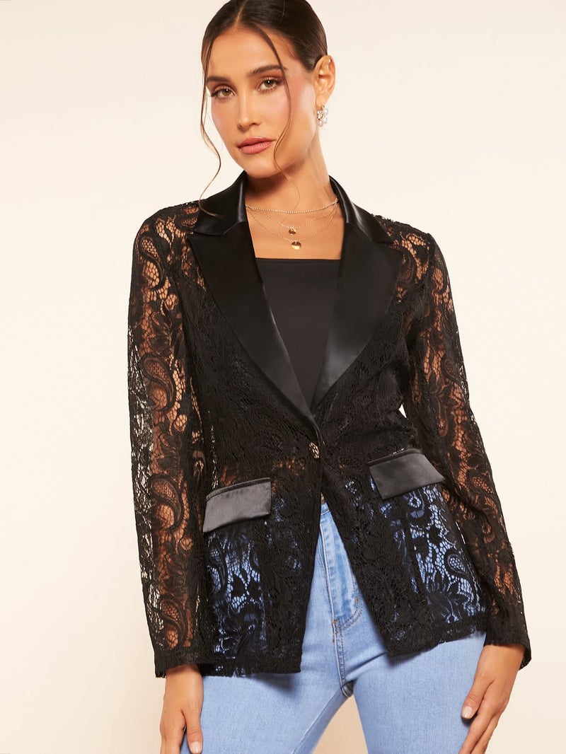 WDIRARA Women's Floral Lace Mesh One Button Lapel Neck Long Sleeve Elegant Jacket Blazer Black L - Image 4