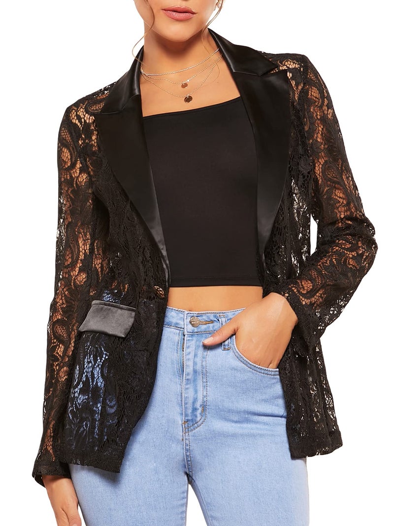 WDIRARA Women's Floral Lace Mesh One Button Lapel Neck Long Sleeve Elegant Jacket Blazer Black L - Image 1