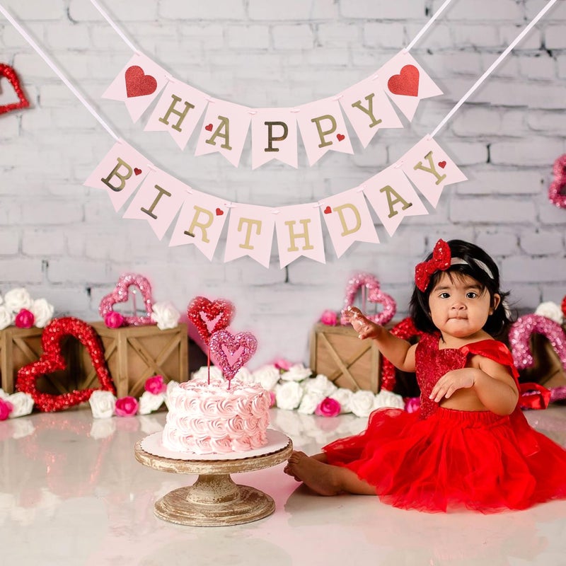 Jissoo Red Heart Happy Birthday Banner - Valentine's Day Birthday Party Decorations,Happy Bday Pink Banner Photo Props,Valentines Day Wall Hanging Garland,Valentine Sweet Love Garland - Image 4