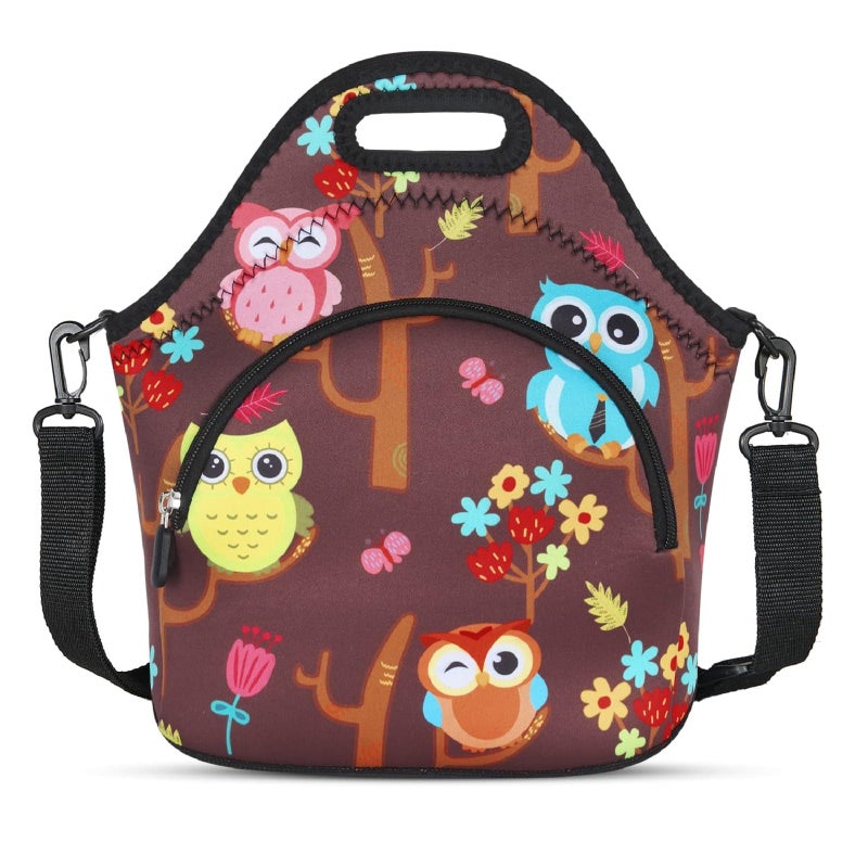 Violet Mist Owl 3 Neoprene Lunch Bag Machine Washable 1142L x 1043H x 551W 87 inches deep fits containers up to 7L x 6W