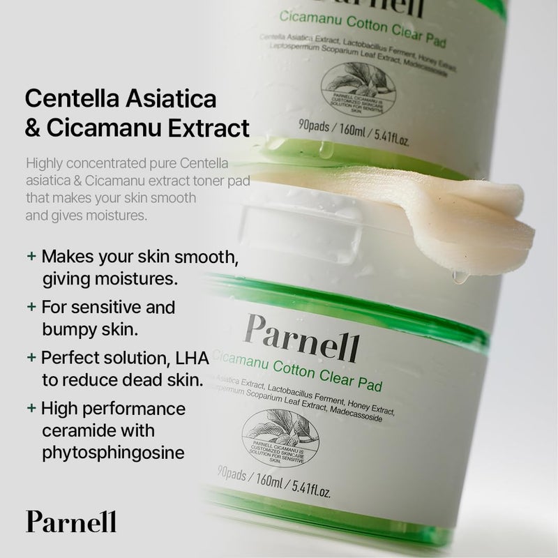 Parnell Cicamanu Cotton Clear Pad | Gentle Daily Exfoliating & Soothing Pads for Acne Prone Sensitive Skin | Cica LHA PHA Ceramide HA | Unbleached Biodegradable (90 Count) - Image 2