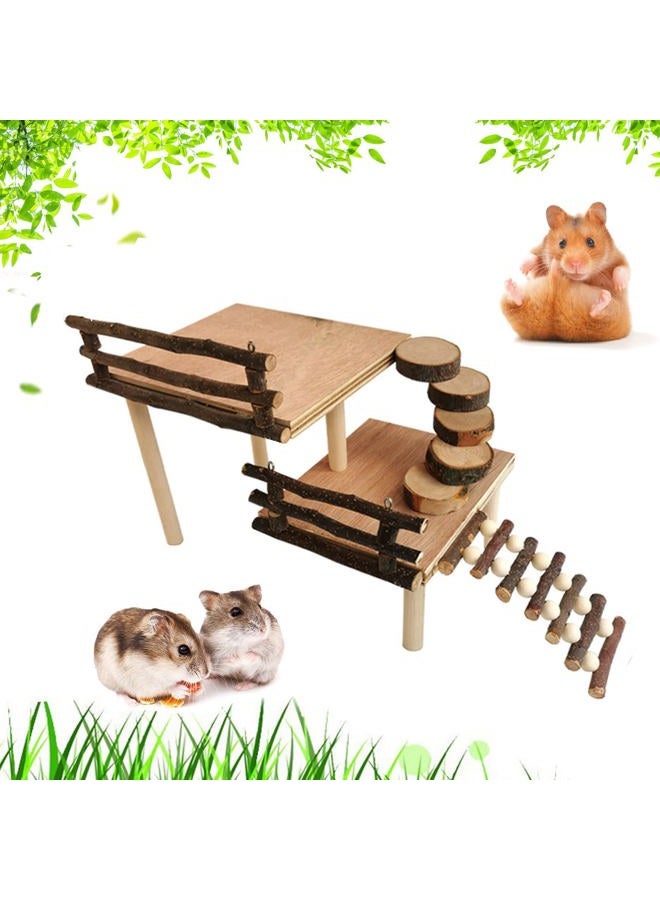 RoseFlower Wooden Hamster Platform for Cage, Hamster Playground Climbing Toy, Small Animals Pets Exercise Activity Set, Natural Living Climb System with Ladder Bridge for Gerbil Syrian Dwarf Hamster - Image 1