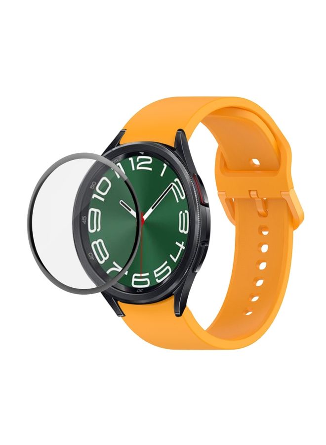 Replacement Strap For Samsung Galaxy Watch6 Classic 47mm JUNSUNMAY Silicone Adjustable Strap + Full Coverage PMMA Screen Protector Kit Orange