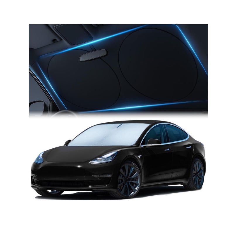Magnelex Tesla Windshield Sun Shade (Model 3/Y), Reflective Polyester Blocks Heat & Sun, Foldable Car Window Sun Blocker, Mirror Cut-Out, Fade-Resistant Sunshade, Tesla 3 Accessories - Image 1