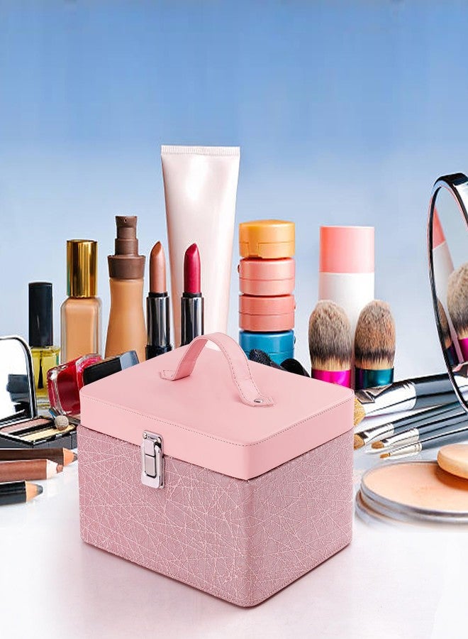 Hard Craft Large Capacity Cosmetic Bags for Womens Girls Bride Multi Functional Beauty Case Wedding Makeup Jewelery Bridal Box Leather Storage Organizer Bag for Home Travel with Mirro Handle (Pink) - Image 2