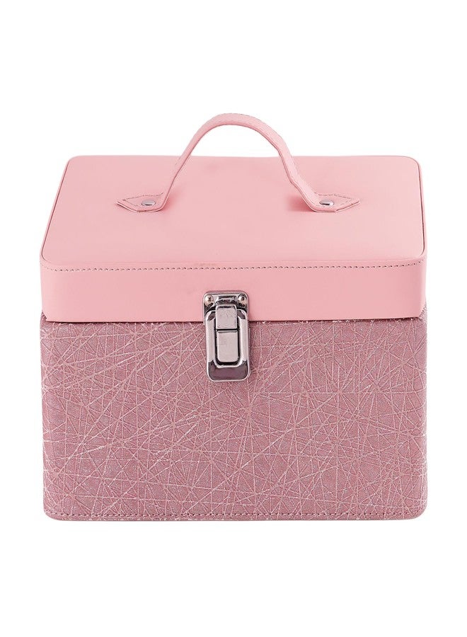 Hard Craft Large Capacity Cosmetic Bags for Womens Girls Bride Multi Functional Beauty Case Wedding Makeup Jewelery Bridal Box Leather Storage Organizer Bag for Home Travel with Mirro Handle (Pink) - Image 1