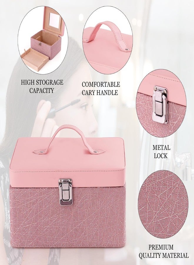 Hard Craft Large Capacity Cosmetic Bags for Womens Girls Bride Multi Functional Beauty Case Wedding Makeup Jewelery Bridal Box Leather Storage Organizer Bag for Home Travel with Mirro Handle (Pink) - Image 4