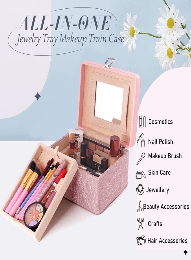 Hard Craft Large Capacity Cosmetic Bags for Womens Girls Bride Multi Functional Beauty Case Wedding Makeup Jewelery Bridal Box Leather Storage Organizer Bag for Home Travel with Mirro Handle (Pink) - Image 3