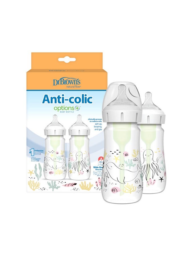 Dr. Brown's Dr. Brown’s Natural Flow Anti-Colic Options+ Wide-Neck Baby Bottle Designer Edition Bottles, Ocean Decos, 9 oz/270 mL, Level 1 Nipple, 2-Pack, 0m+  - Image 1