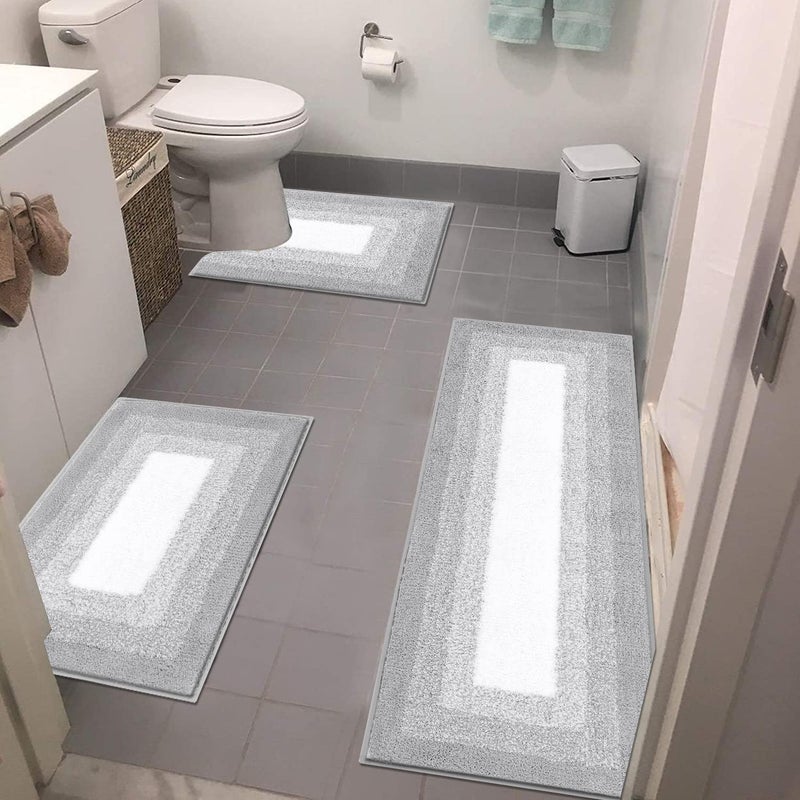 Bsmathom Bathroom Rugs Sets 3 Piece NonSlip Absorbent Bath Mats Plush Shaggy Microfiber Bath Rug with UShaped Contour Toilet Mat Machine Washable Light Grey