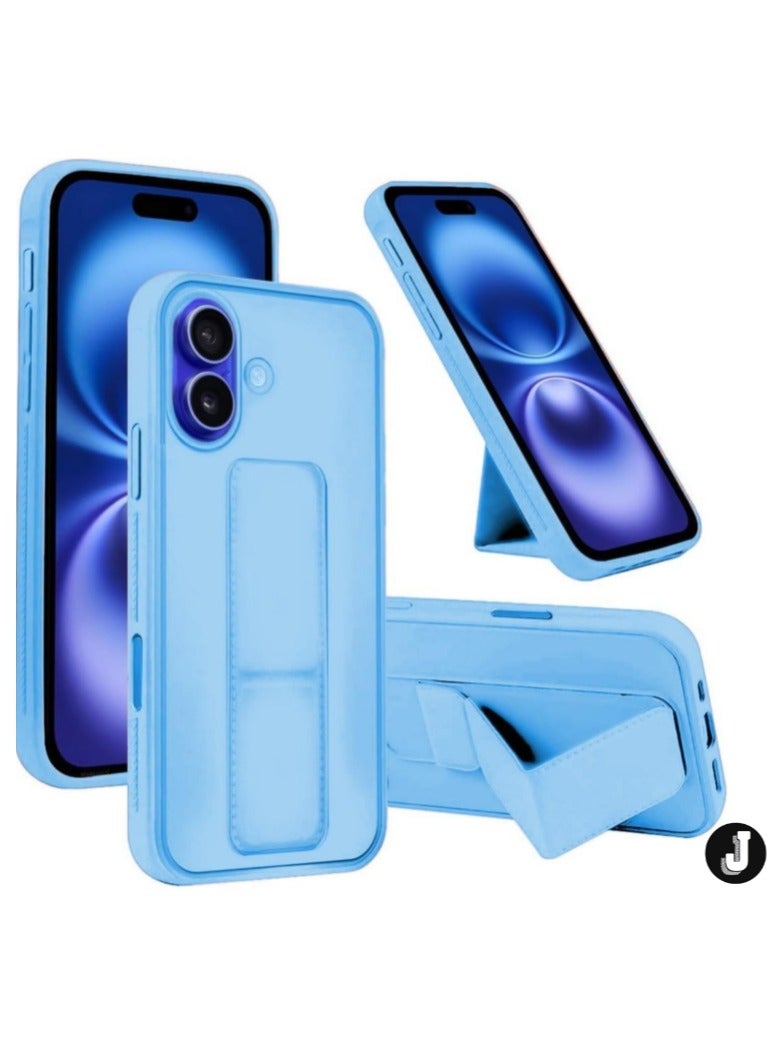 JAJEEK iPhone 16 Sky Blue Magnetic Car Mount Case – Premium Silicone Kickstand with Hand Strap & Multi-Stand Functionality - Image 1