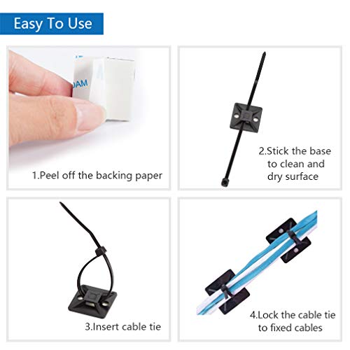 10Gtek Self Adhesive Cable Tie Mounts - 3M Strongly Adhesive-Backed Zip Tie Base Holders for Home, Office Cable Wire Management(19.5mm x 19.5mm, Black, 100pack) - Image 4
