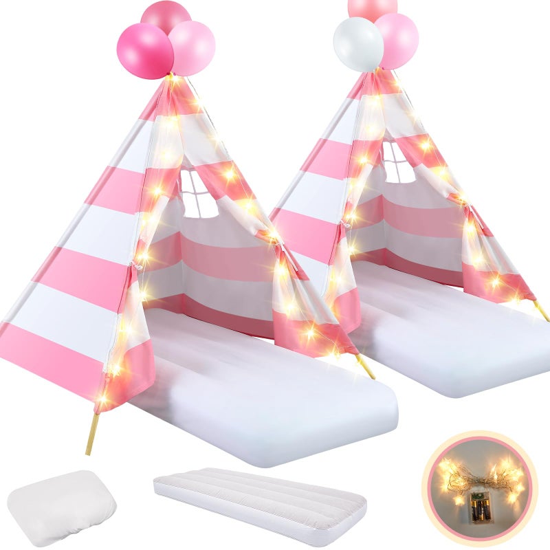 Lemosae 2 Pack Kids Teepee Tent with MattressFitted SheetLight StringWashable Natural Cotton Toddler Play Tent for Girls Boys Indoor Outdoor Sleepover Slumber Birthday PartyPink and White - Image 3