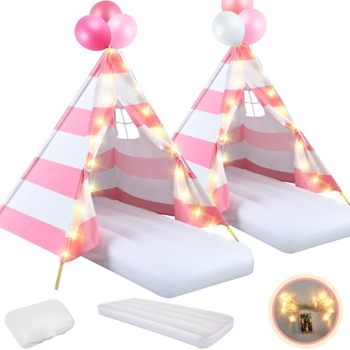 Lemosae 2 Pack Kids Teepee Tent with MattressFitted SheetLight StringWashable Natural Cotton Toddler Play Tent for Girls Boys Indoor Outdoor Sleepover Slumber Birthday PartyPink and White - Image 1