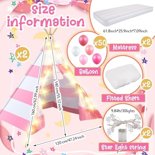 Lemosae 2 Pack Kids Teepee Tent with MattressFitted SheetLight StringWashable Natural Cotton Toddler Play Tent for Girls Boys Indoor Outdoor Sleepover Slumber Birthday PartyPink and White - Image 5