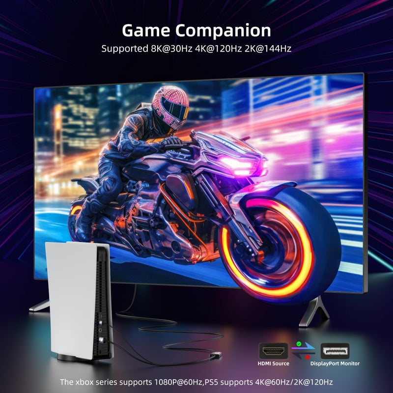 Maqze 8K HDMI to Displayport Cable, 4K@120Hz HDMI 2.1 to Displayport 1.4 Adapter, USB Power, for Laptops, Discrete GPUs, PS5, and Xbox Series X, and Gaming Monitors - Image 2