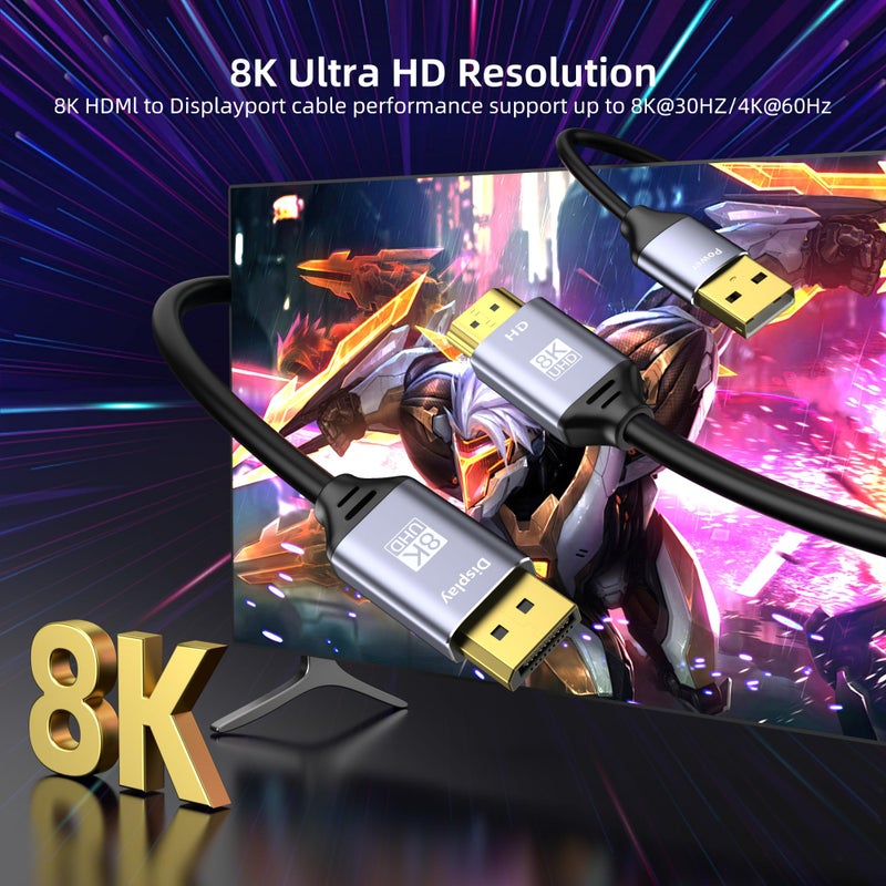 Maqze 8K HDMI to Displayport Cable, 4K@120Hz HDMI 2.1 to Displayport 1.4 Adapter, USB Power, for Laptops, Discrete GPUs, PS5, and Xbox Series X, and Gaming Monitors - Image 3