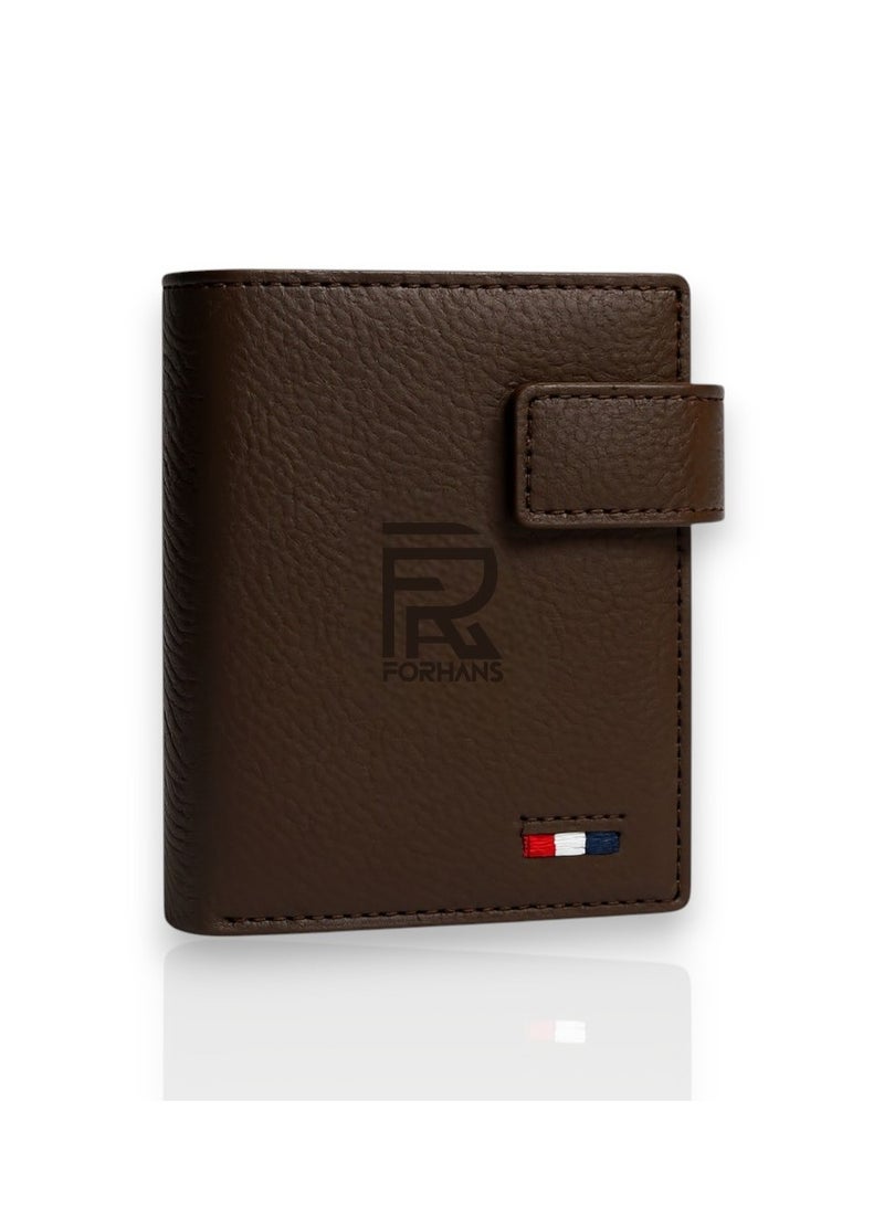 فورهانس محفظة جلدية فاخرة للرجال - تصميم رفيع ثنائي الطي مع قفل كبس - فتحات متعددة للبطاقات، ونافذة لبطاقة الهوية، وحجرة للنقود - محفظة بنية للرجال - Image 1