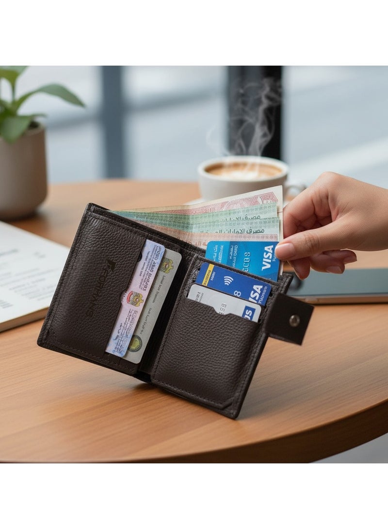 فورهانس محفظة جلدية فاخرة للرجال - تصميم رفيع ثنائي الطي مع قفل كبس - فتحات متعددة للبطاقات، ونافذة لبطاقة الهوية، وحجرة للنقود - محفظة بنية للرجال - Image 3