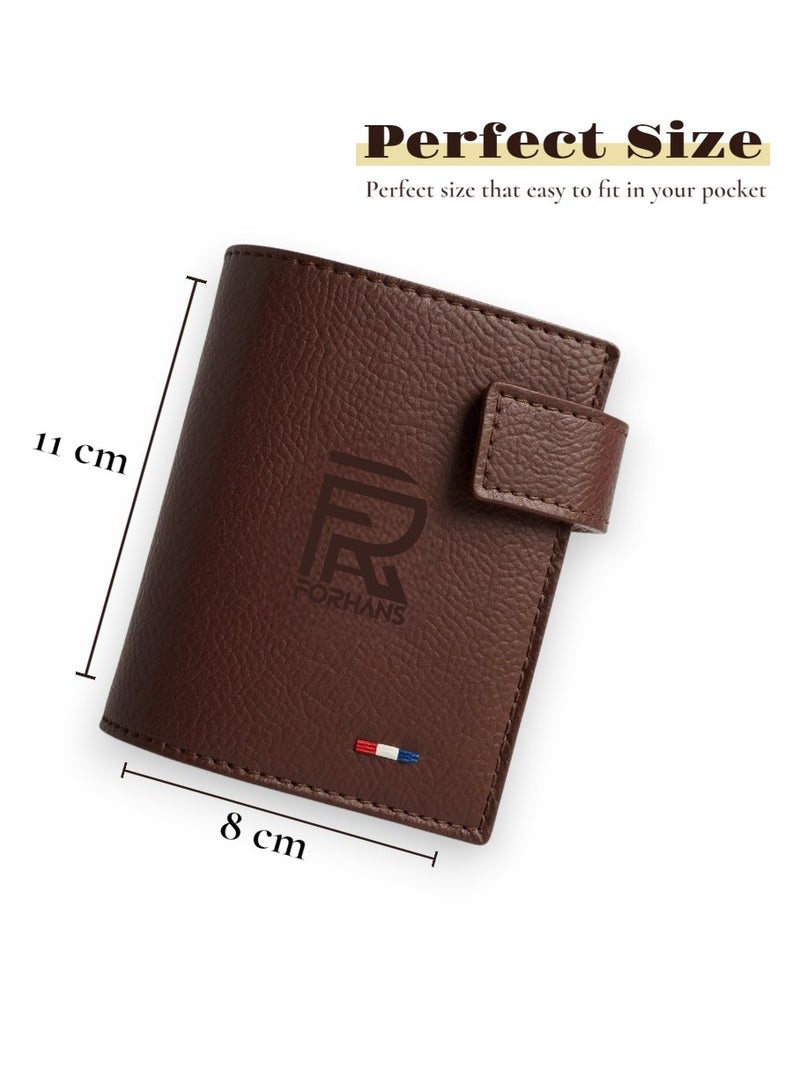 فورهانس محفظة جلدية فاخرة للرجال - تصميم رفيع ثنائي الطي مع قفل كبس - فتحات متعددة للبطاقات، ونافذة لبطاقة الهوية، وحجرة للنقود - محفظة بنية للرجال - Image 5