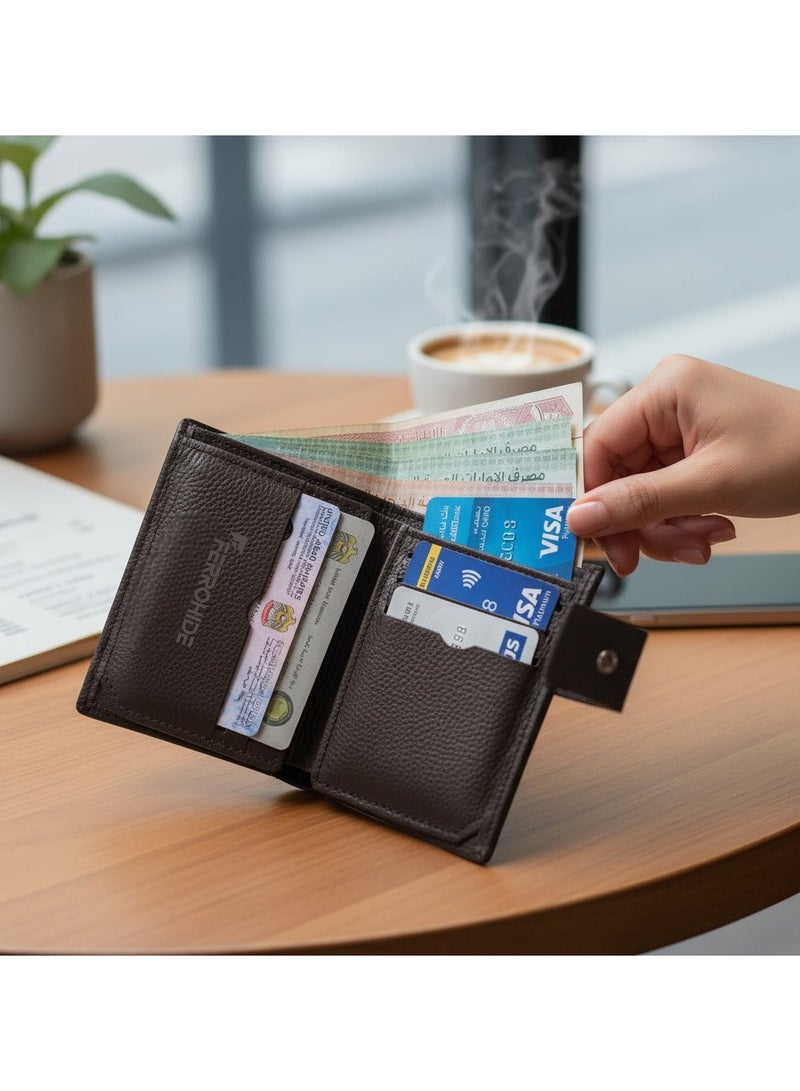 فيروهيد محفظة جلدية فاخرة للرجال - تصميم رفيع ثنائي الطي مع قفل كبس - فتحات متعددة للبطاقات، ونافذة لبطاقة الهوية، وحجرة للنقود - محفظة بنية للرجال - Image 3