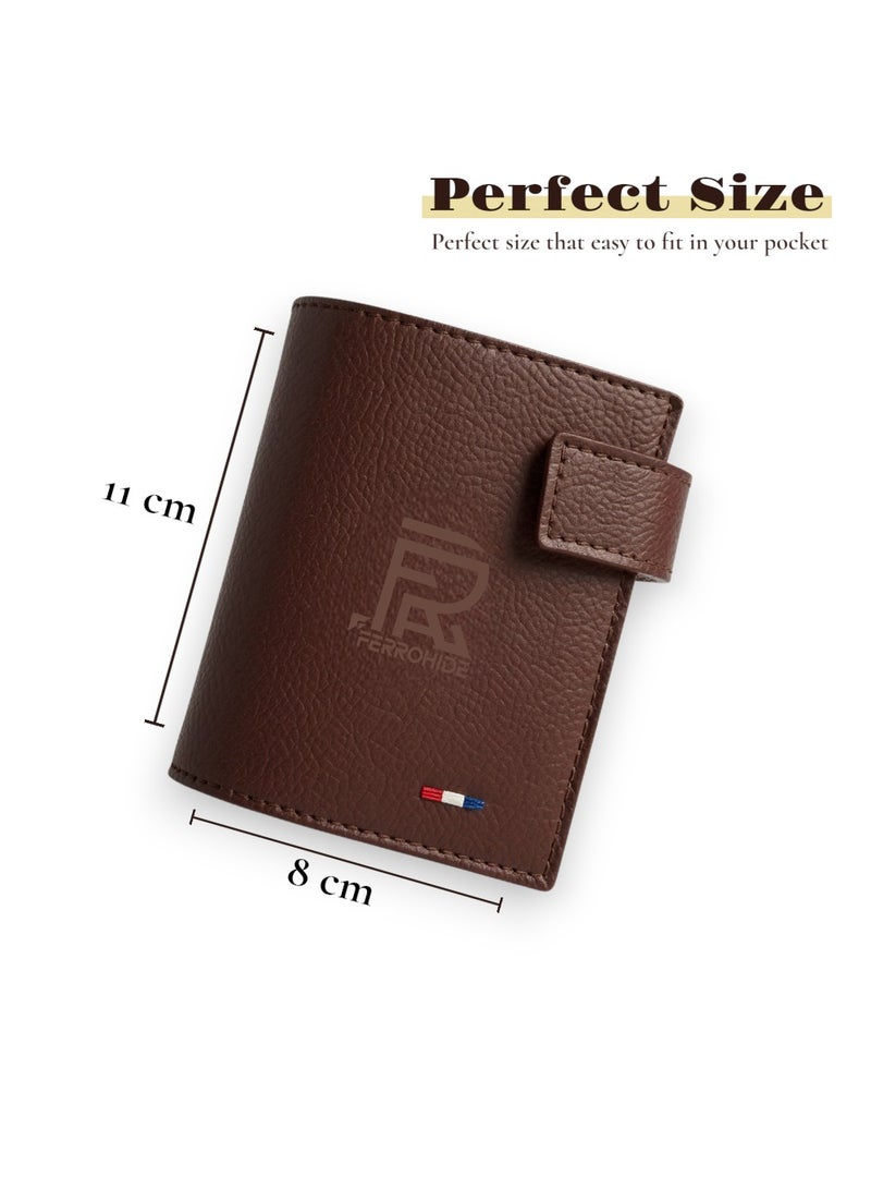 فيروهيد محفظة جلدية فاخرة للرجال - تصميم رفيع ثنائي الطي مع قفل كبس - فتحات متعددة للبطاقات، ونافذة لبطاقة الهوية، وحجرة للنقود - محفظة بنية للرجال - Image 5