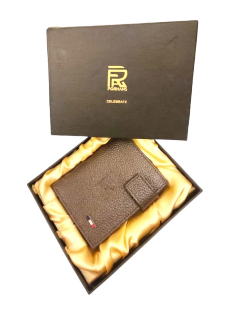 Forhans - Tri-Fold Brown Leather Wallet For Mens, Brown Leather Grain Popper Wallet - Image 1