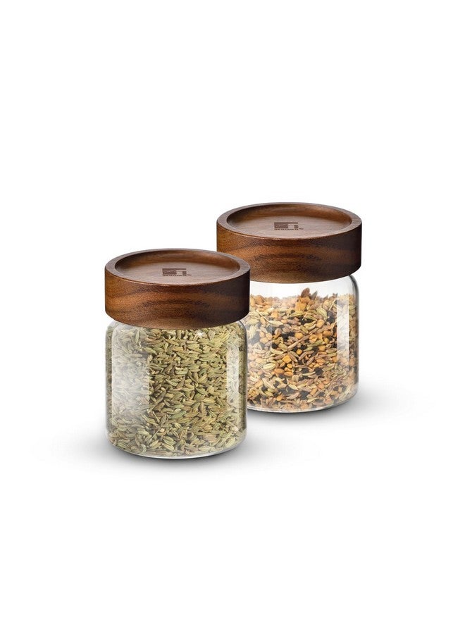 BERGNER جرار زجاجية بوروسيليكات من بيرجنر أكاديا مع غطاء خشبي صلب، مجموعة من 2 جرار، سعة 340 مل لكل منها، لتخزين وحفظ السكر، الدقيق، الشاي، القهوة، التوابل، البسكويت، الشوفان | حاوية متعددة الاستخدامات للمطبخ - Image 1